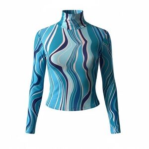 Princess Polly Retro Blue Swirl Patterned Mockneck Mesh lined top Womens 8